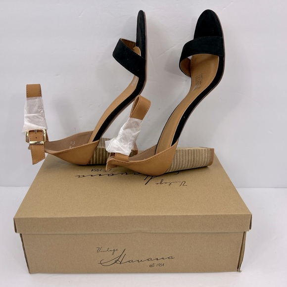 VINTAGE HAVANA, BLACK & TAN OPEN TOE MIDTOP, ADJUSTABLE ANKLE LOOP WITH BUCKLE - Picture 5 of 14